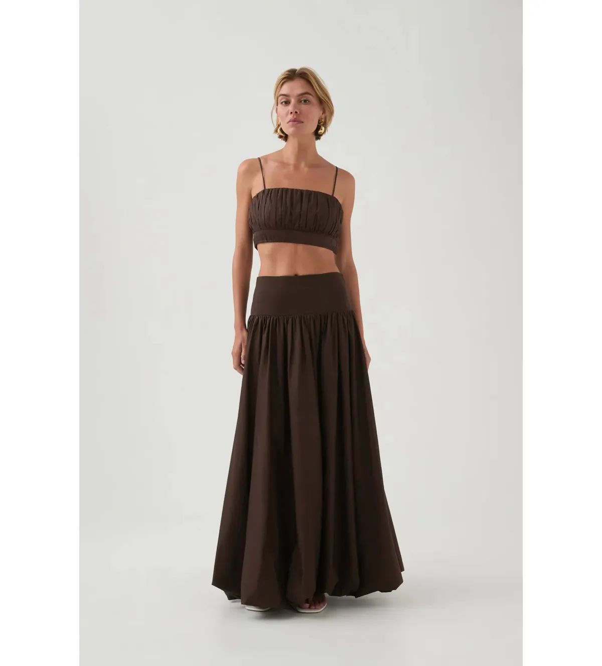Aje Havana Ruched Top & Bubble Midi Skirt Set in Chocolate Size 6 for rent on The Volte - main image