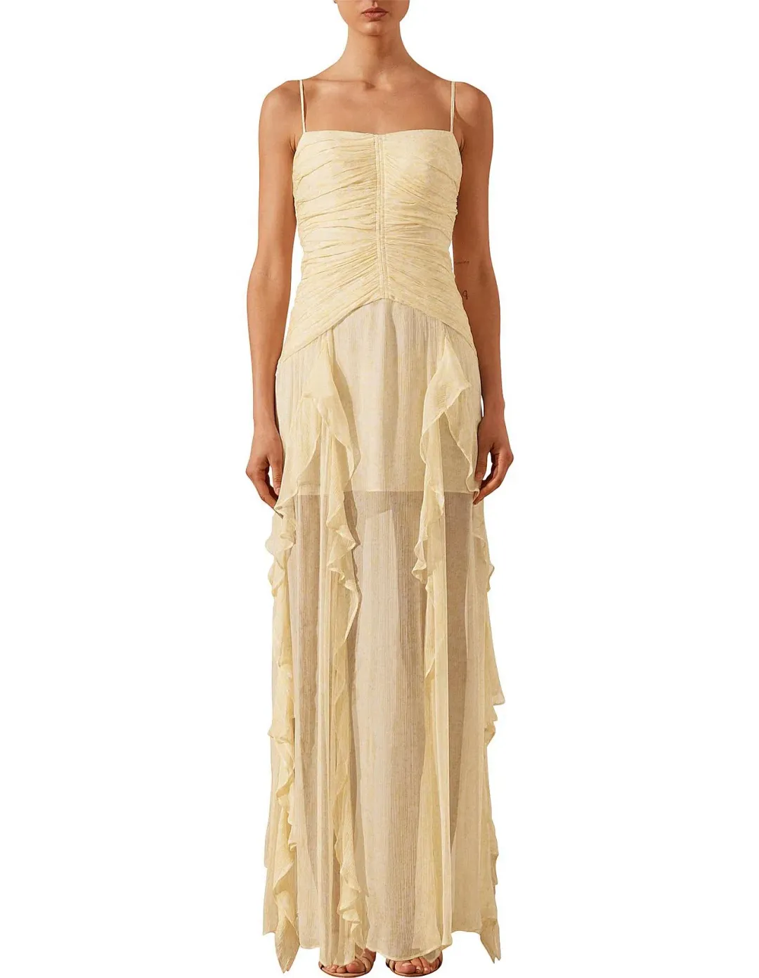 Shona Joy Gina Ruched Frill Maxi Dress in Limoncello Size 8 for rent on The Volte - main image
