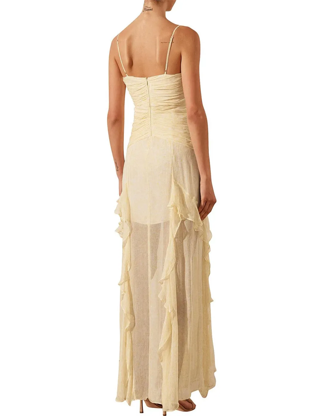 Shona Joy Gina Ruched Frill Maxi Dress in Limoncello Size 8 for rent on The Volte - main image