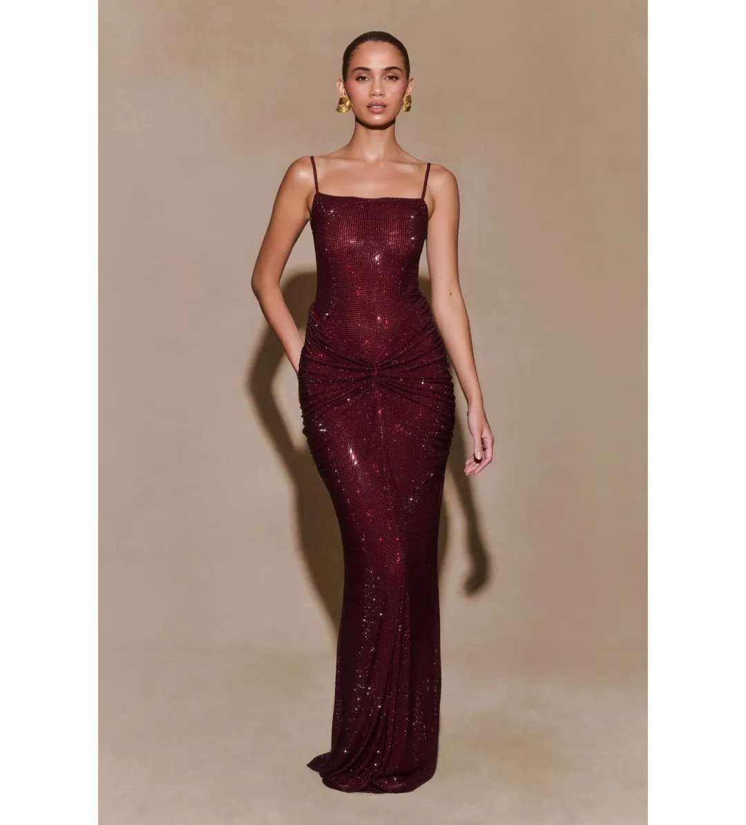 Meshki Roisin Diamante Satin Maxi Dress Mahogany AU 4  for rent on The Volte - main image