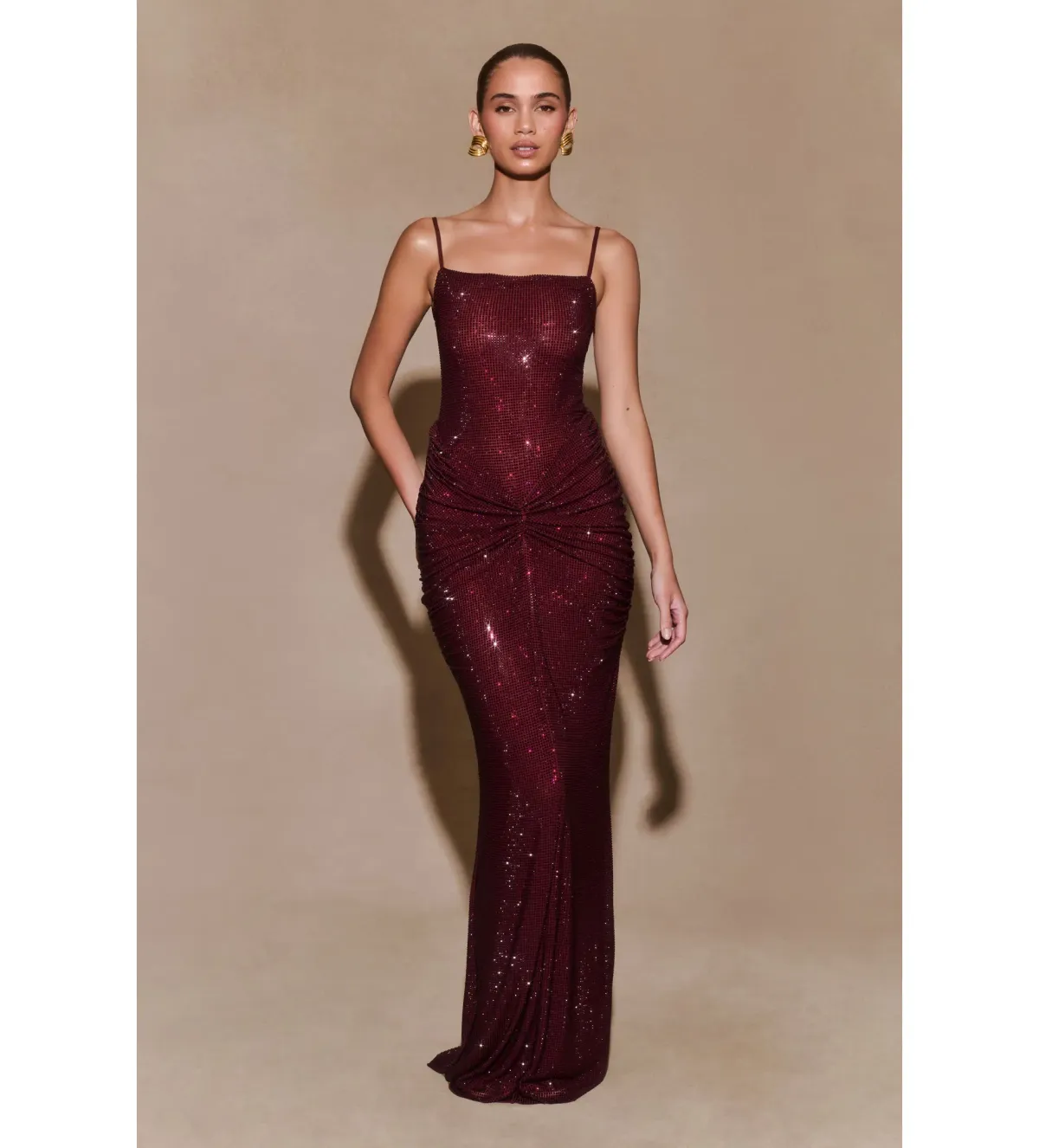 Meshki Roisin Diamante Satin Maxi Dress Mahogany AU 4  for rent on The Volte - main image