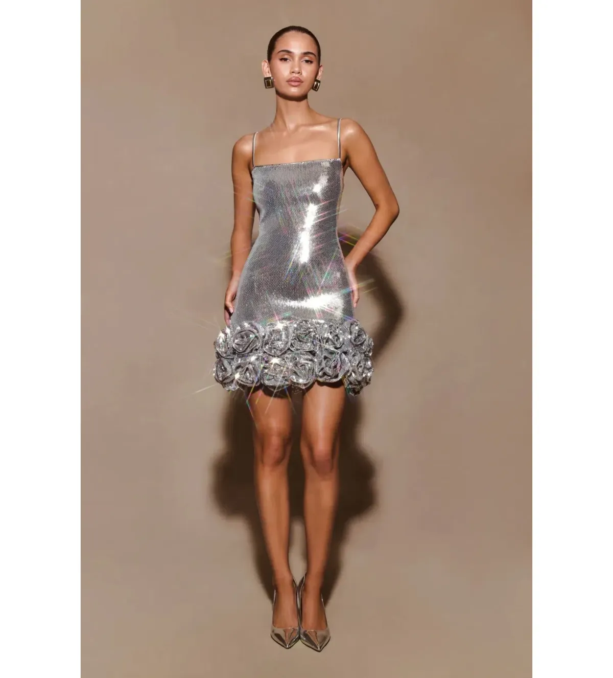 Meshki Faye Sequin Flower Mini Dress Silver Size AU 8 for rent on The Volte - main image
