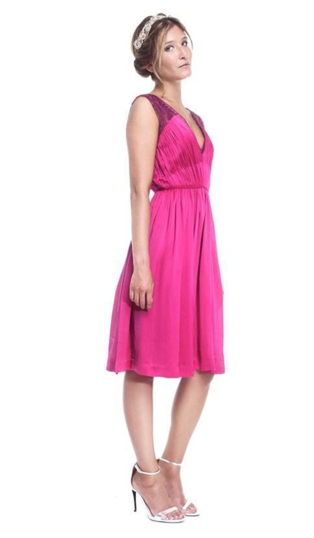 Catherine Deane Pink Valley embroidered tulle-trimmed plissé-silk dress size 8 for rent on The Volte - main image