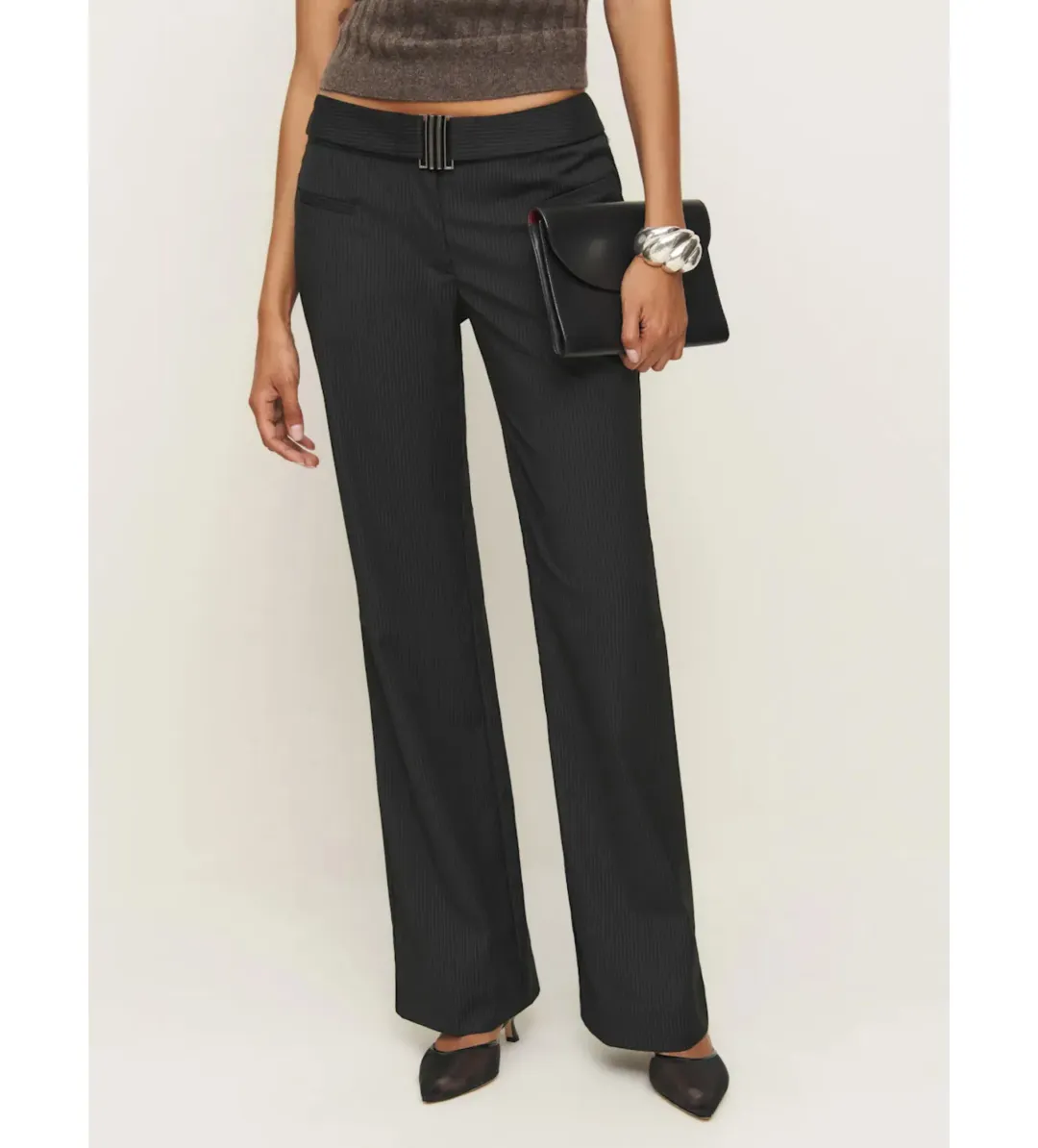 Reformation Cherie Low Waisted Pant Black Stripe Size AU 8 for rent on The Volte - main image