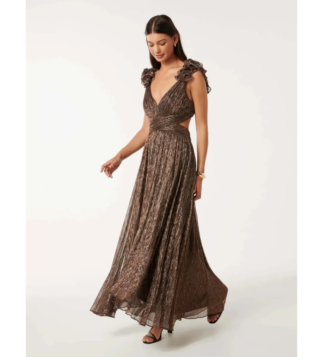 Selena Plisse Ruffle Shoulder Maxi Dress Brown Size 10  for rent on The Volte - main image