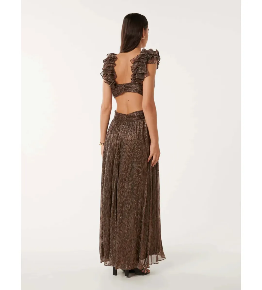Selena Plisse Ruffle Shoulder Maxi Dress Brown Size 10  for rent on The Volte - main image
