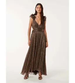 Selena Plisse Ruffle Shoulder Maxi Dress Brown Size 10  for rent on The Volte - image 1