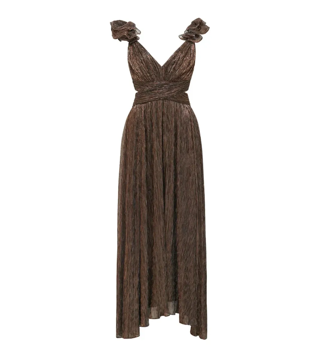 Selena Plisse Ruffle Shoulder Maxi Dress Brown Size 10  for rent on The Volte - main image