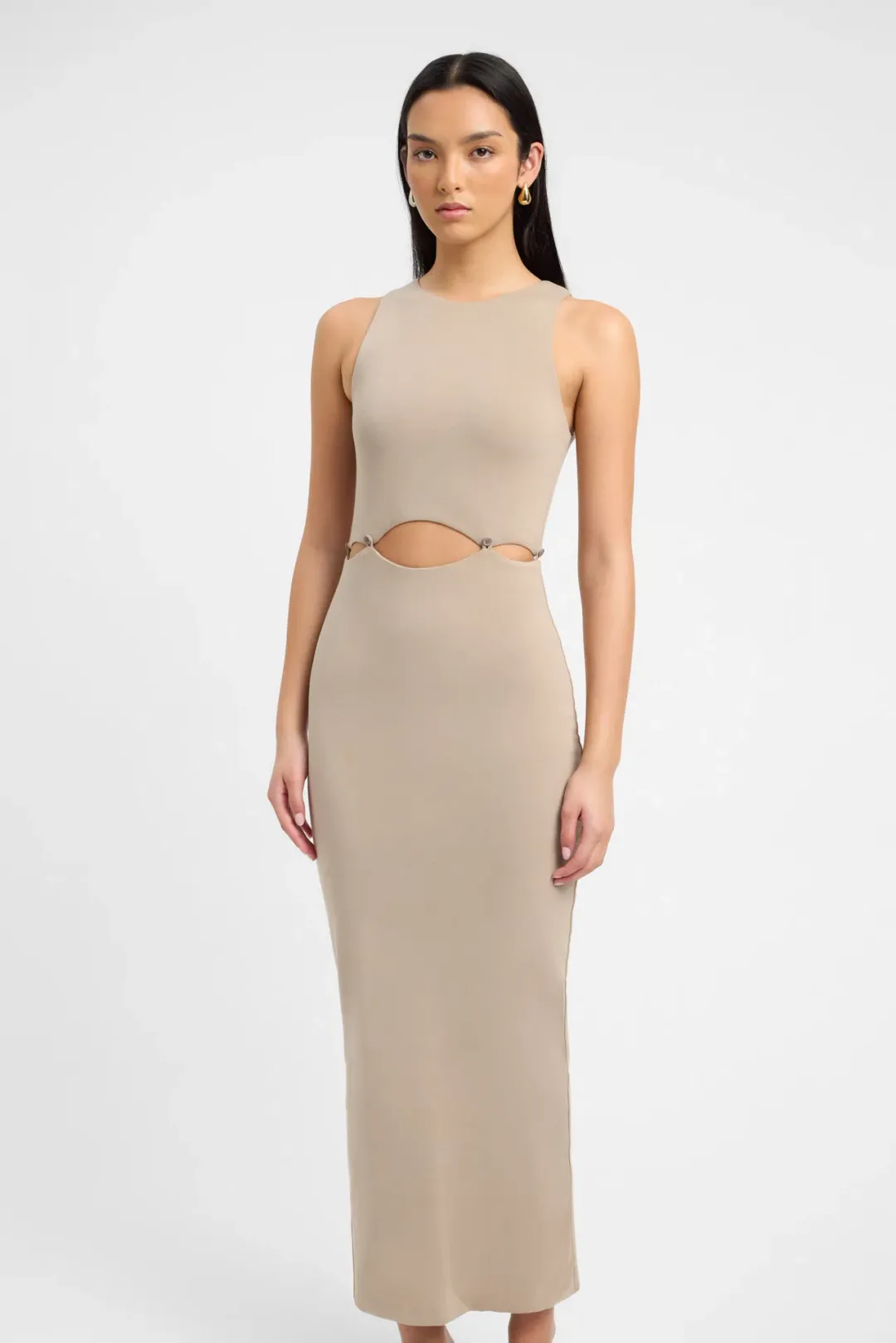 Kookai Taupe Lottie Button Detailing Midi Dress Brown Size 8 for rent on The Volte - main image