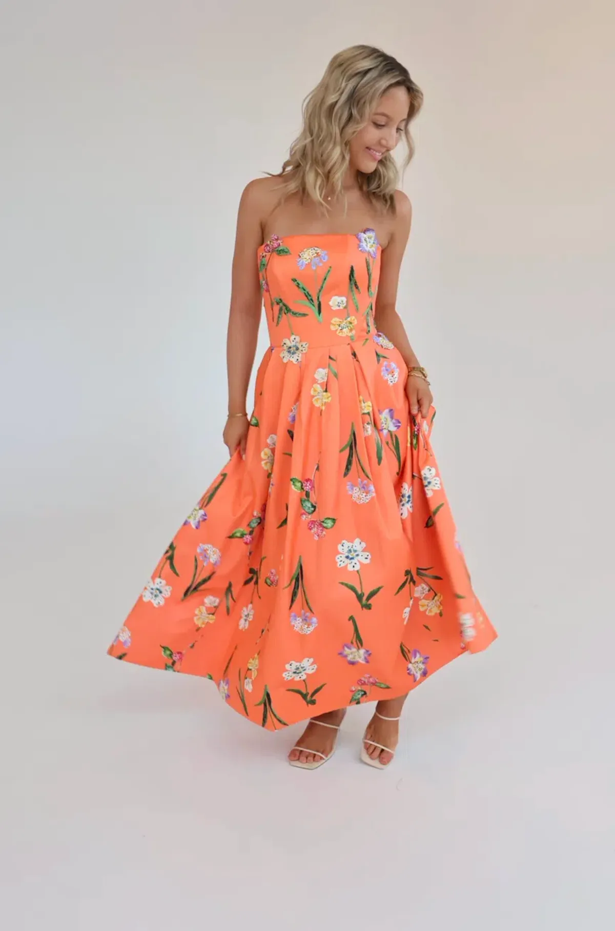 Leo Lin Lynn Bustier Midi Dress in Wild Flower in Coral Size 8 for rent on The Volte - main image
