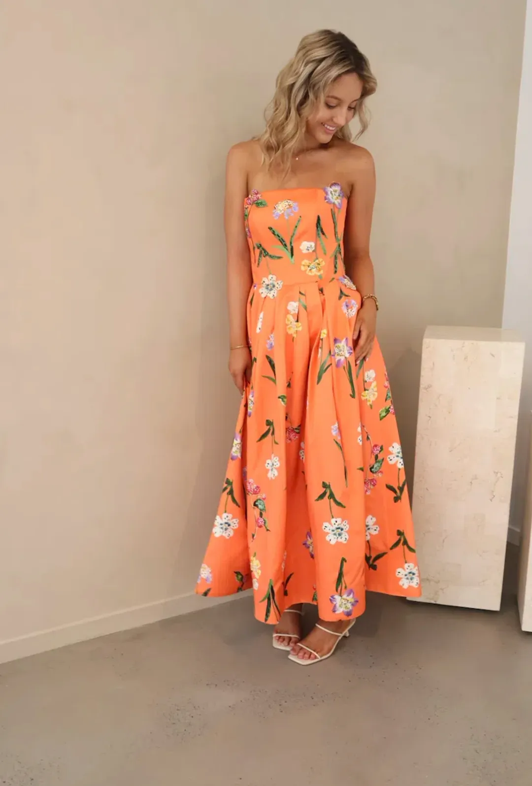 Leo Lin Lynn Bustier Midi Dress in Wild Flower in Coral Size 8 for rent on The Volte - main image