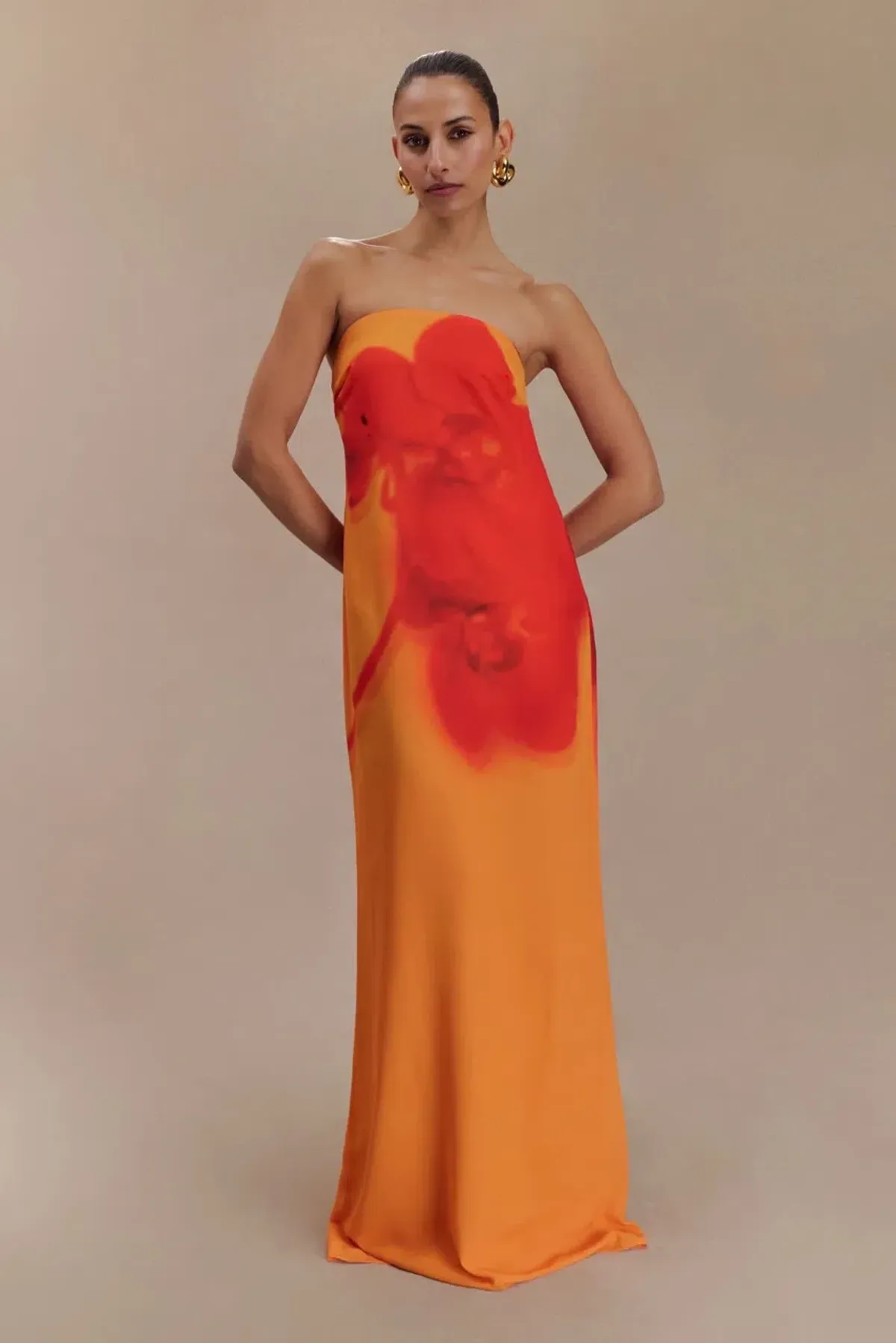 Meshki Amaya Strapless Maxi Dress Koi Orchid Print Size S/AU 8 for rent on The Volte - main image