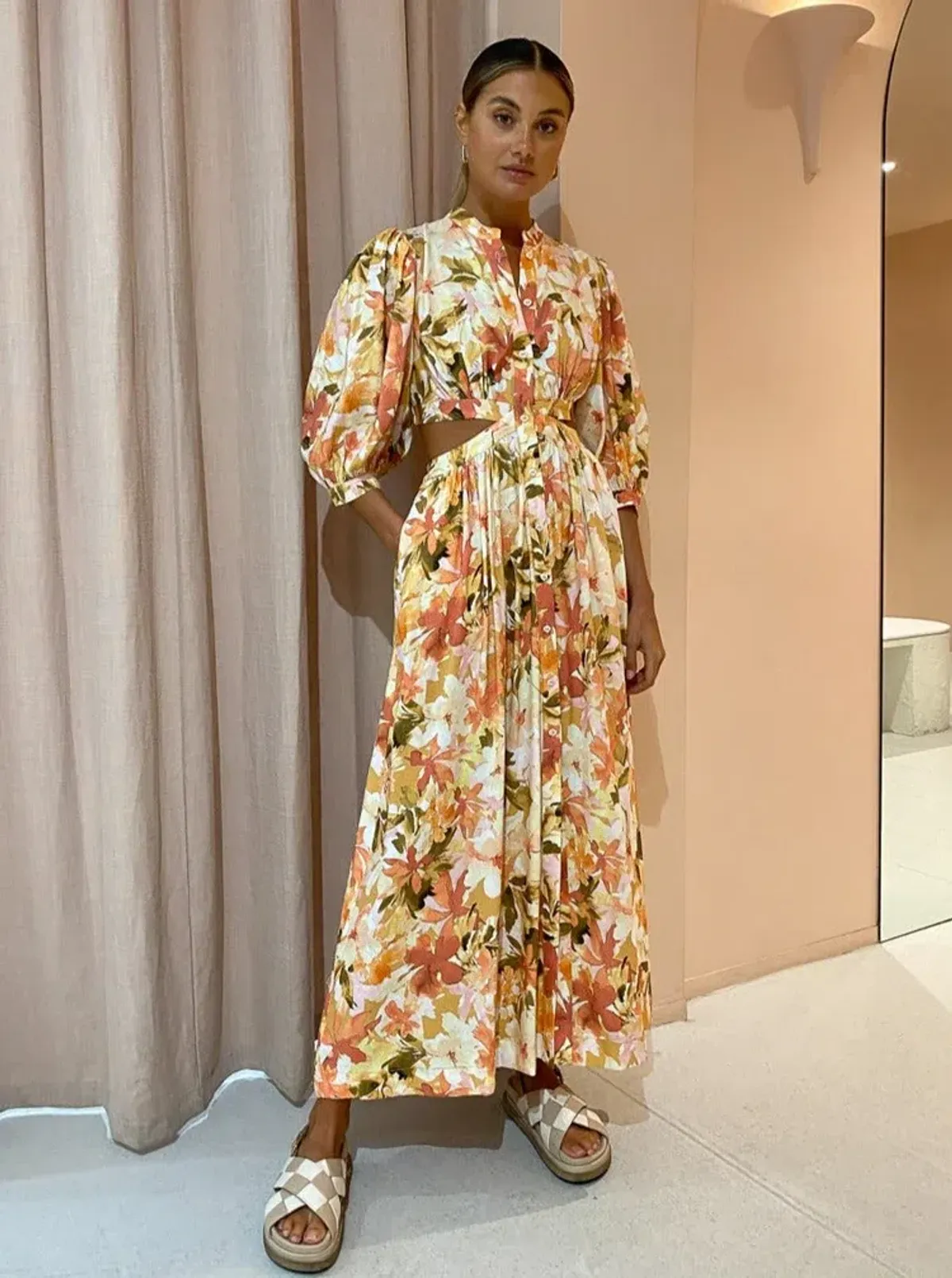 Significant Other Svana Linen Blend Midi Dress Watercolour Floral Size 10 for rent on The Volte - main image
