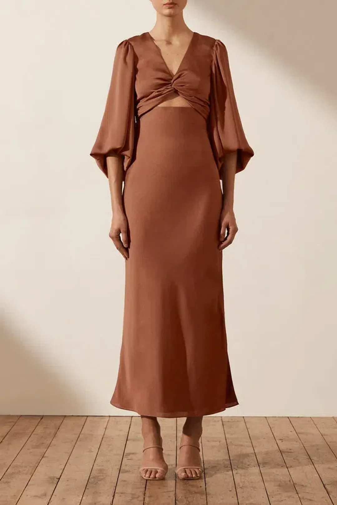 Shona Joy Luxe Front Twist Midi Dress Brown Size 10 for rent on The Volte - main image
