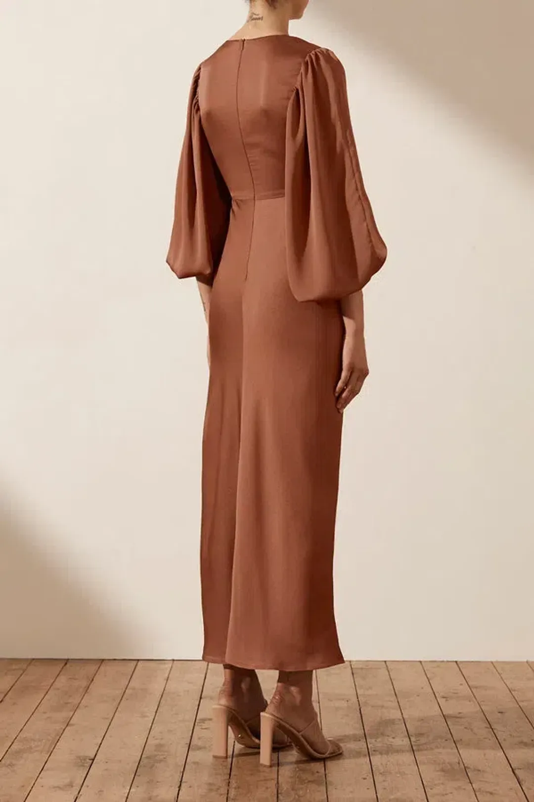 Shona Joy Luxe Front Twist Midi Dress Brown Size 10 for rent on The Volte - main image