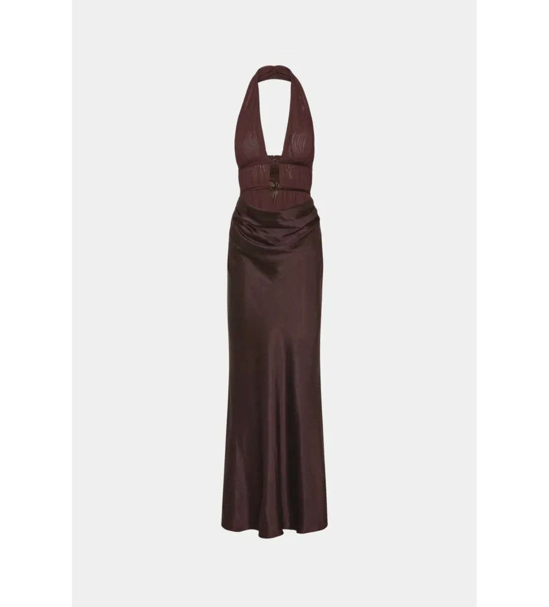 Misha The Celine Satin and Mesh Maxi Dress in Umber Brown Size 8 for rent on The Volte - main image