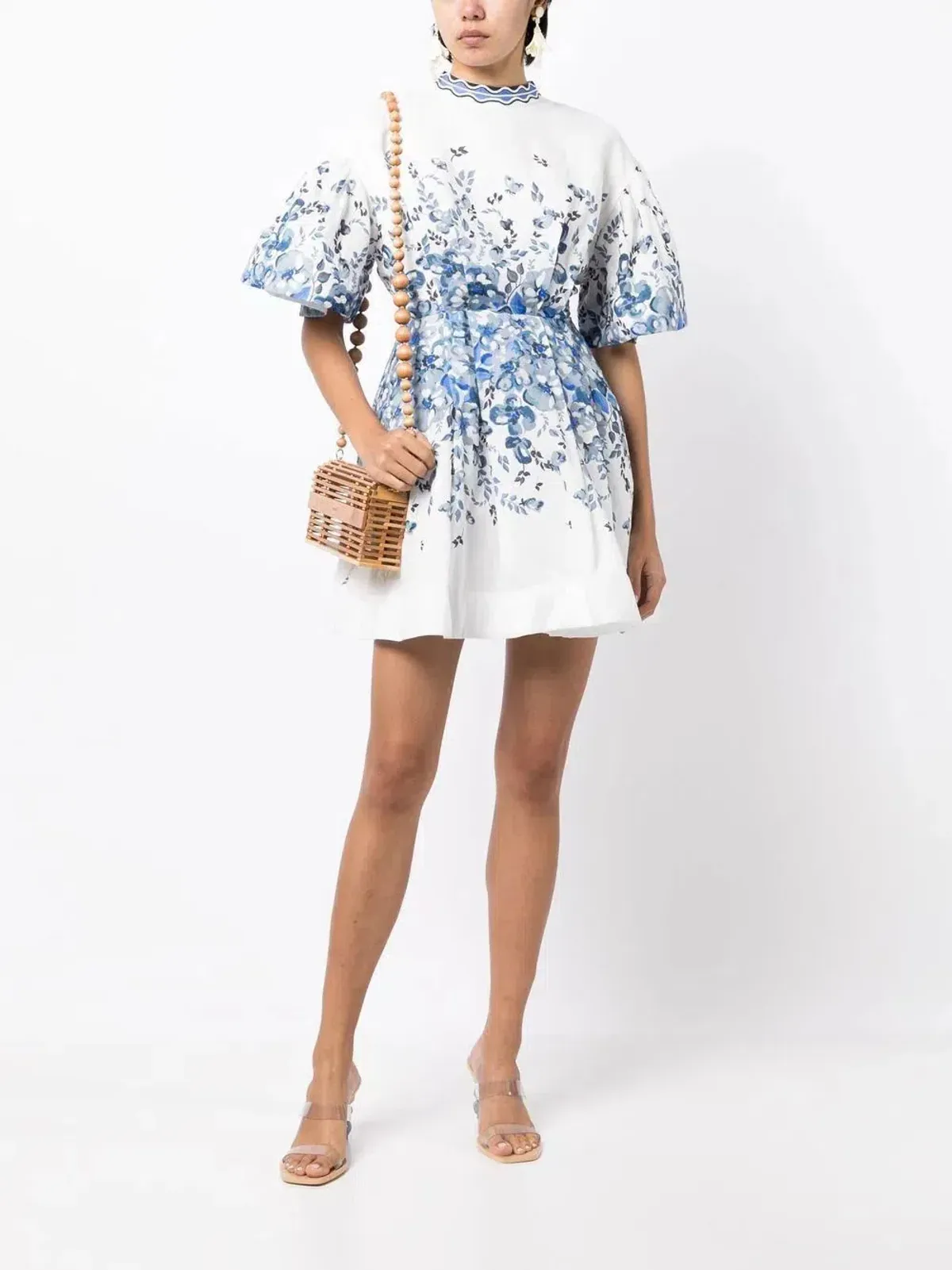 Rachel Gilbert Lea Puff Sleeve Mini Dress White Blue Floral Size 1 / AU 8  for rent on The Volte - main image