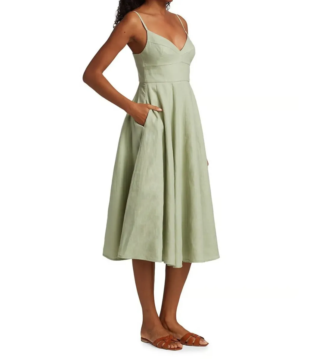 Zimmermann Dancer Picnic Shirred Linen Midi Dress Sage Size 3/AU 14 for rent on The Volte - main image
