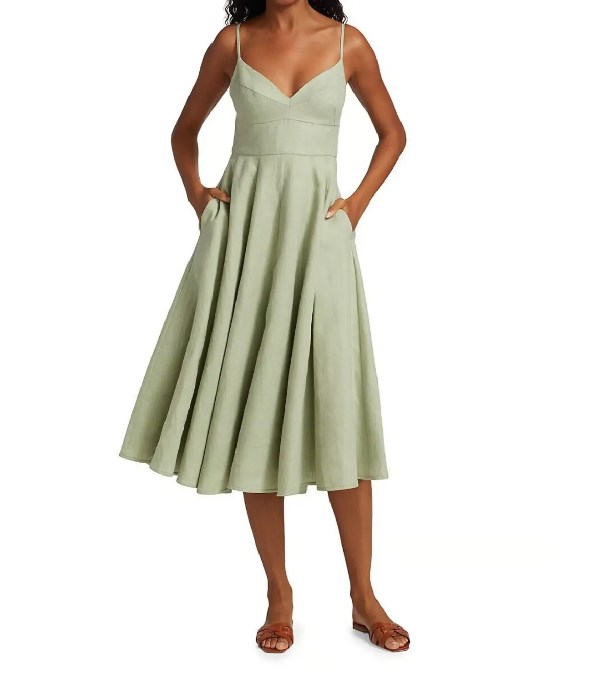Zimmermann Dancer Picnic Shirred Linen Midi Dress Sage Size 3/AU 14 for rent on The Volte - main image