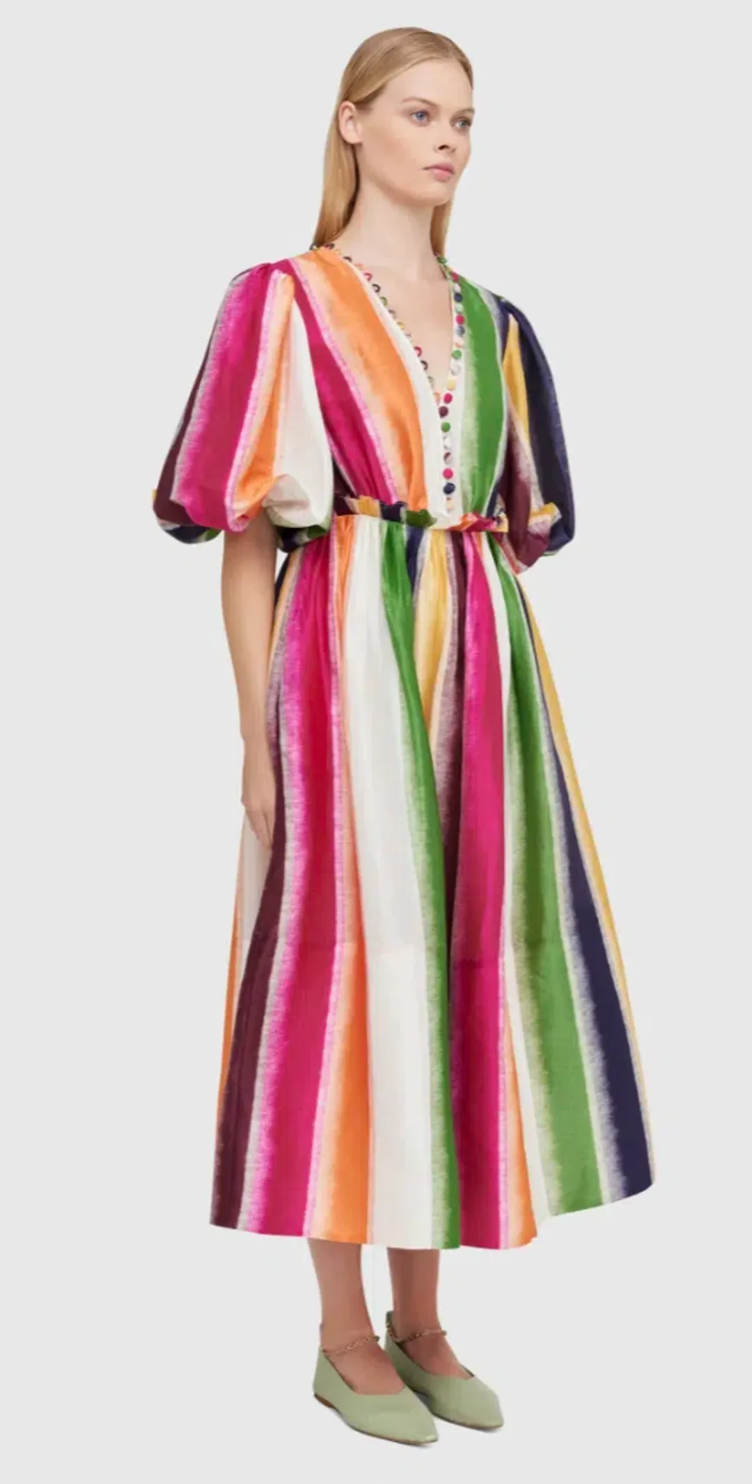 Leo Lin Fortune Stripe Silk Linen Midi Dress Size AU 12 for rent on The Volte - main image