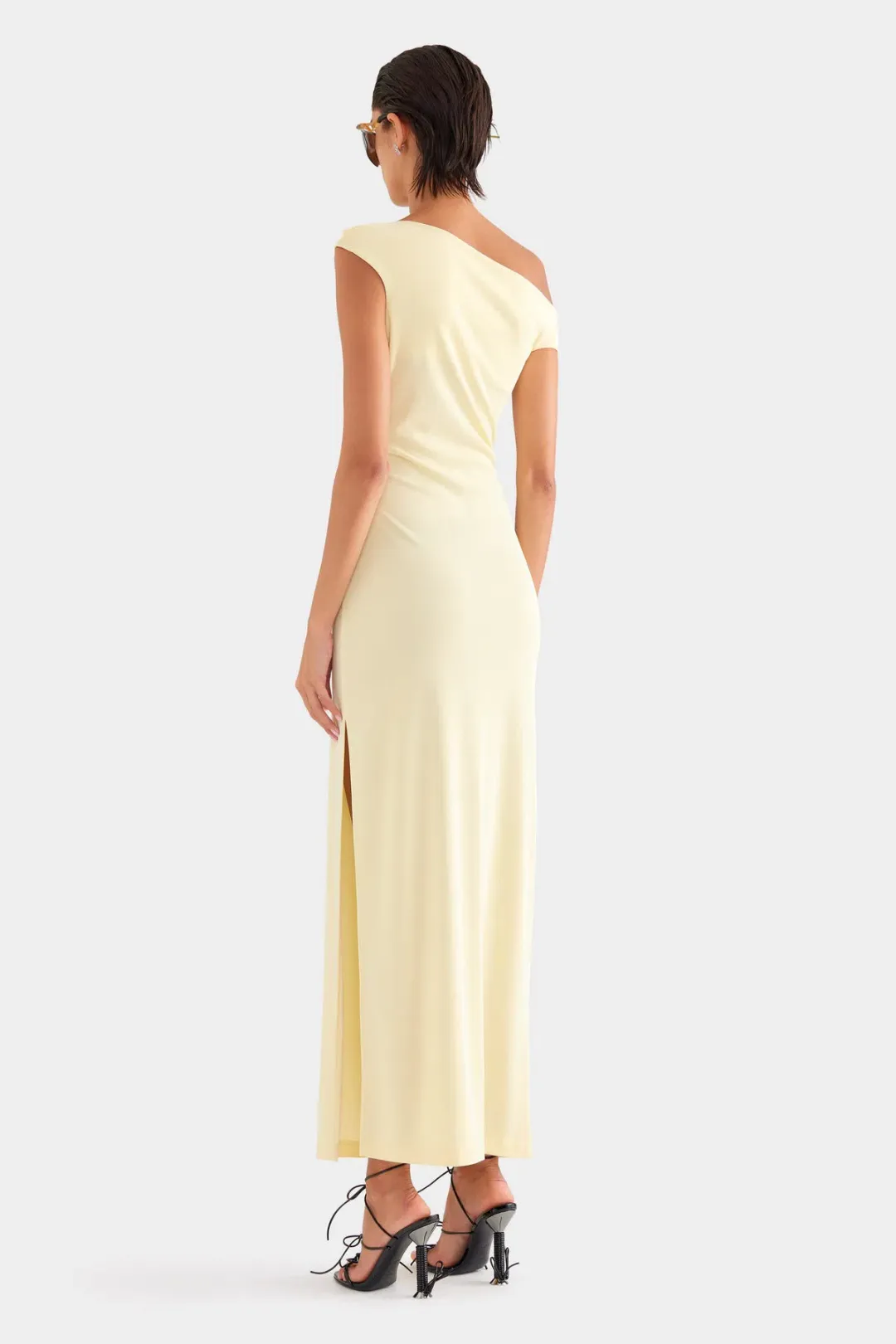 Venroy Asymmetric Draped Jersey Dress Butter Size AU 10 for rent on The Volte - main image