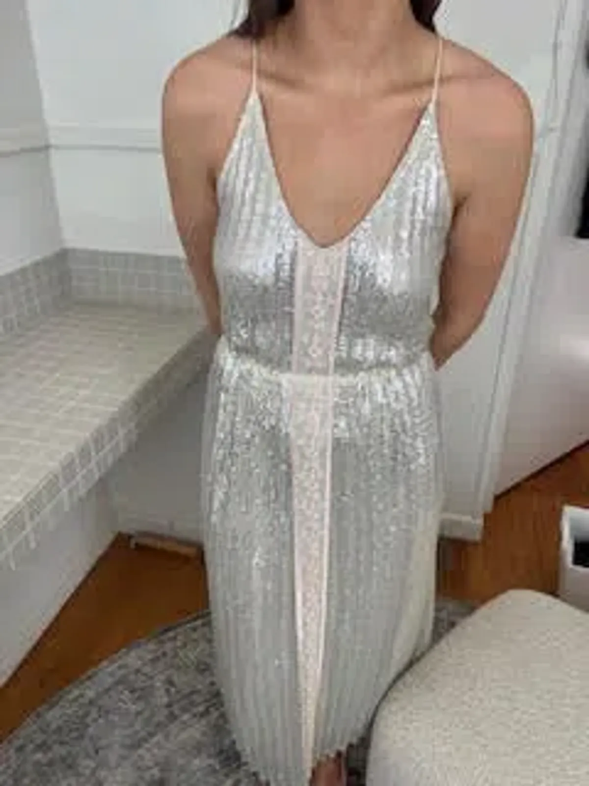 Flannel Silver Sequin Midi Dress Size 10 for rent on The Volte - main image