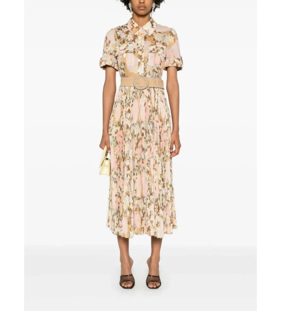 Zimmermann Pop Pleated Midi Shirtdress Gold/peach Floral Size 0 / AU  8 for rent on The Volte - main image