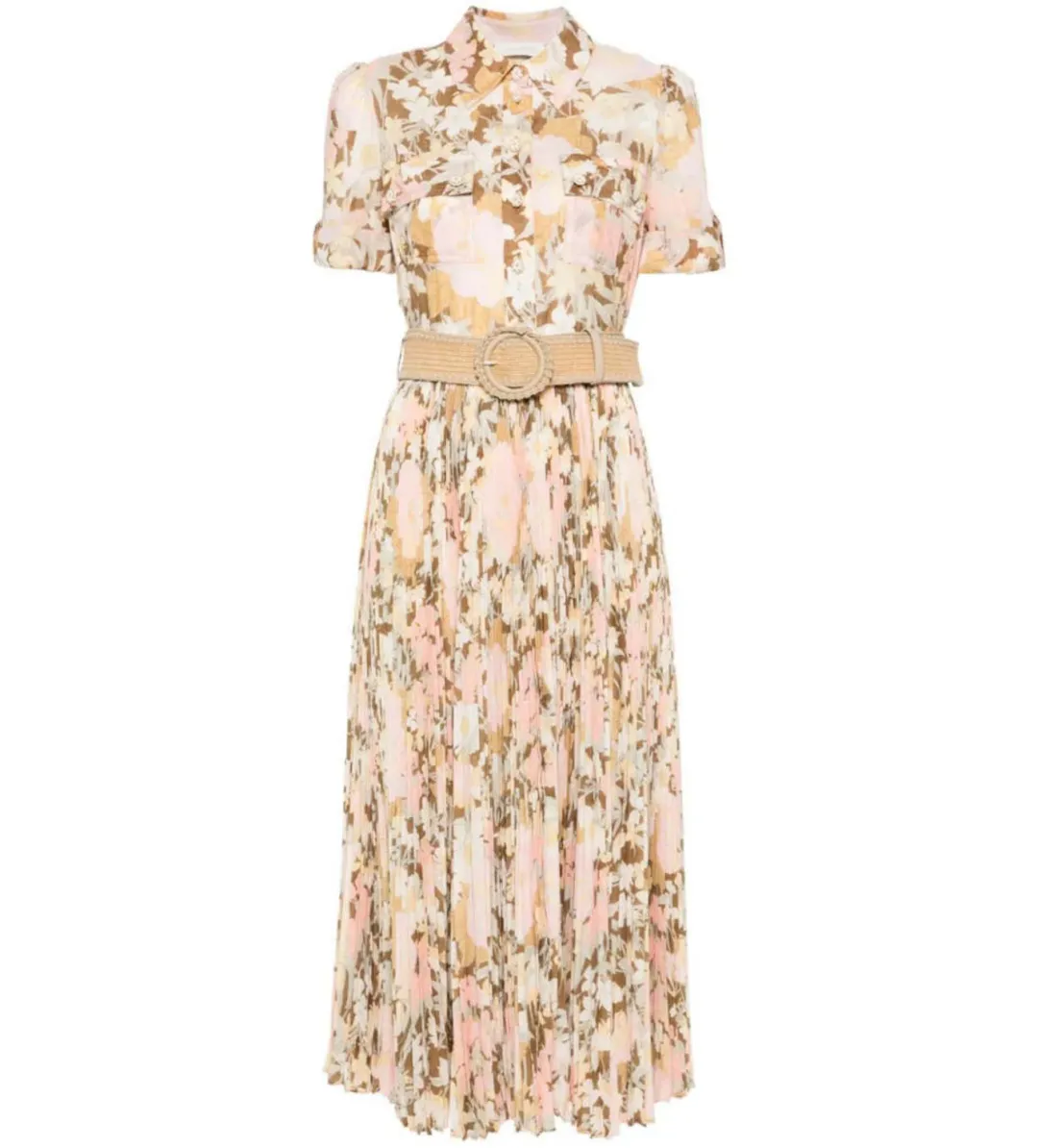 Zimmermann Pop Pleated Midi Shirtdress Gold/peach Floral Size 0 / AU  8 for rent on The Volte - main image