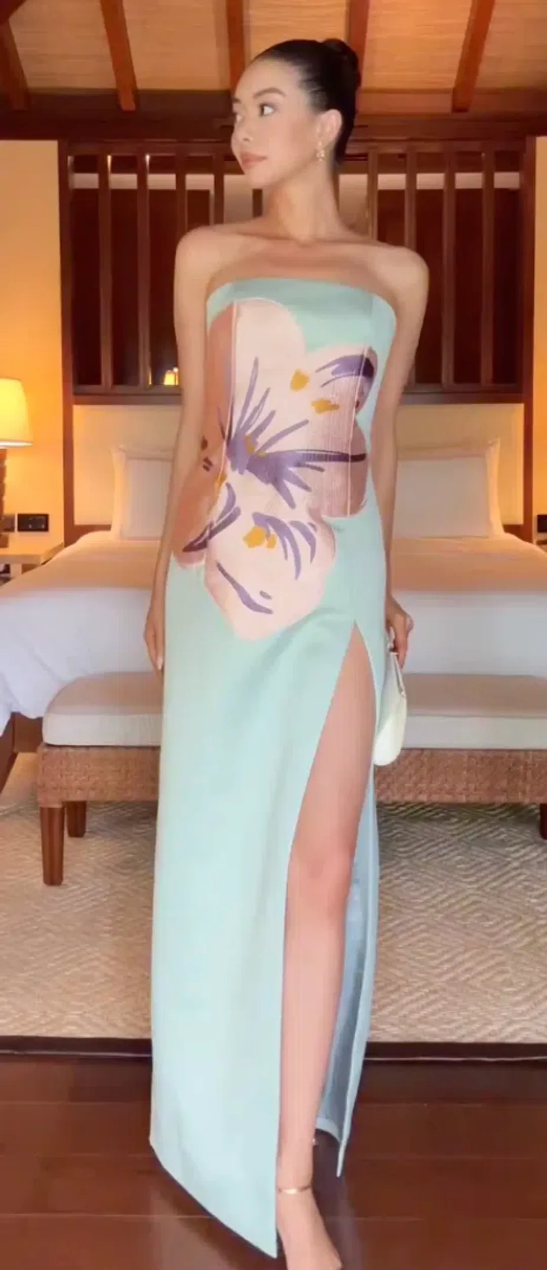 Leo Lin Clémence Embroidered Split Maxi Dress in Hibiscus in Pistachio Size 8  for rent on The Volte - main image