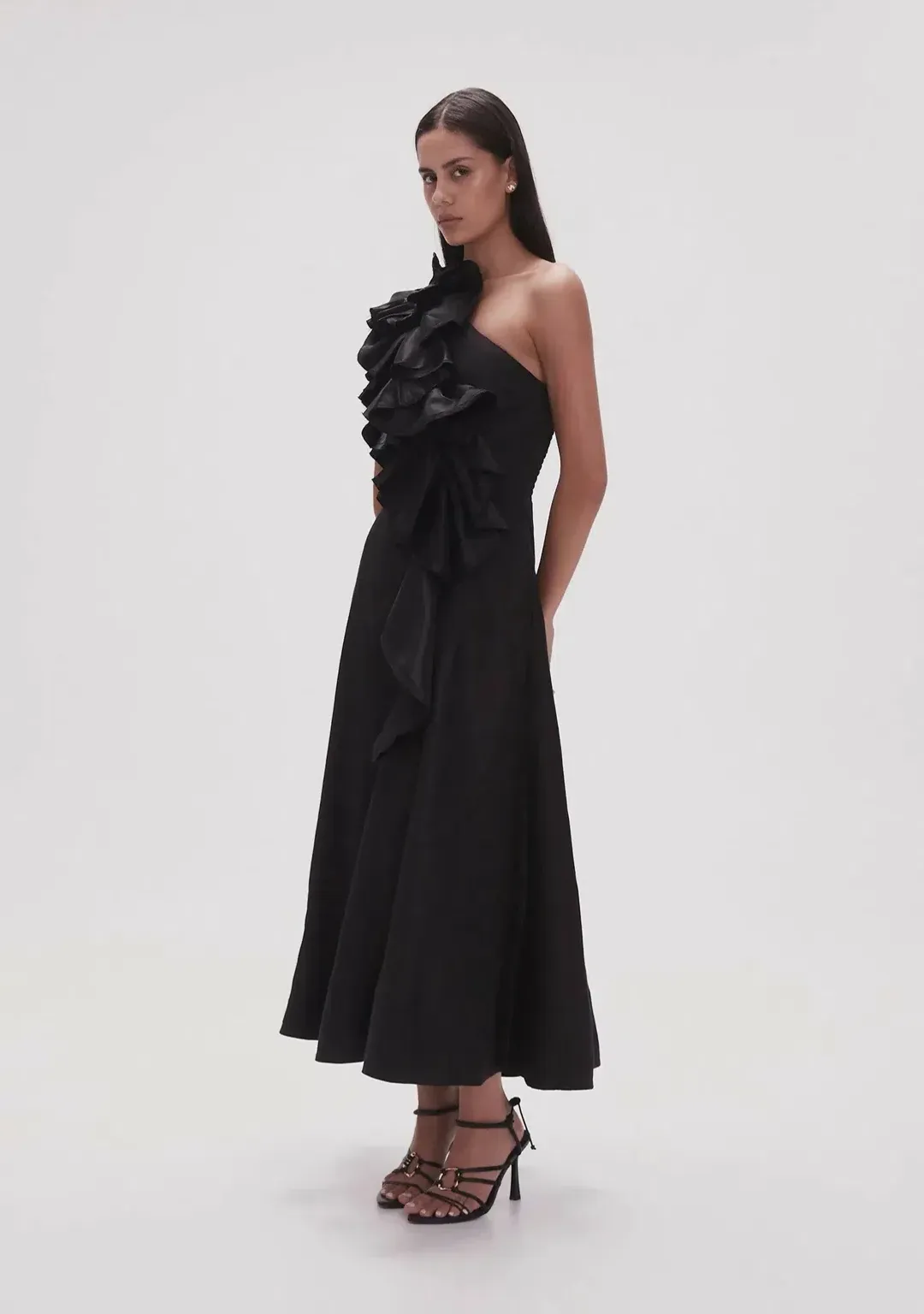 Aje Adelia Ruffle Midi Dress in Black Size AU 10 for rent on The Volte - main image