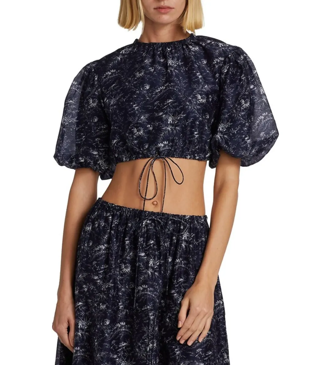 Sir The Label Caprice Puff-Sleeve Cropped Top and Maxi Skirt Set Navy Floral Size 0/AU 6 for rent on The Volte - main image