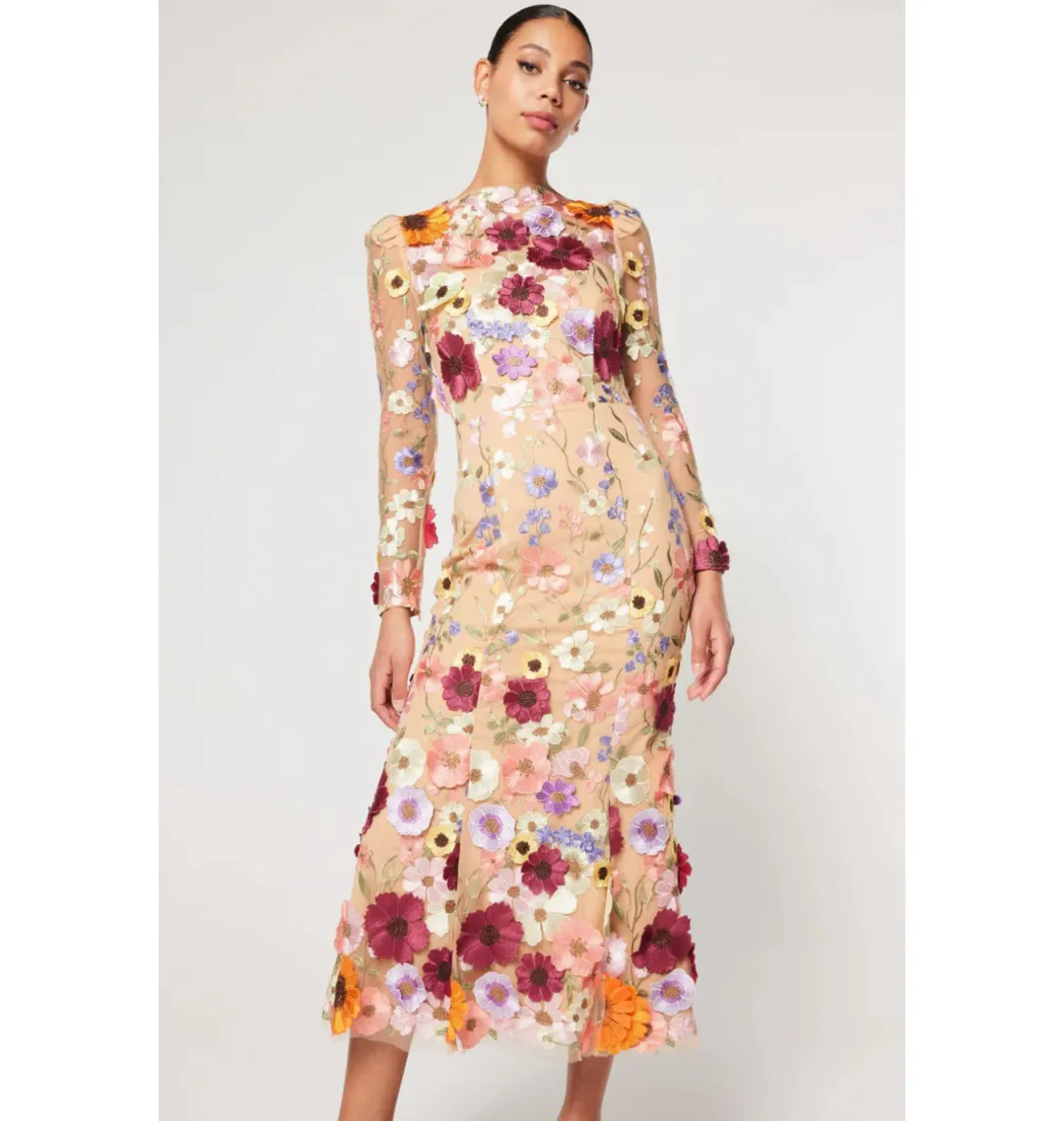 FREE SHIPPING! Elliatt Shannon Shannon 3D Midi Dress Floral Appliqué Size 8 for rent on The Volte - main image