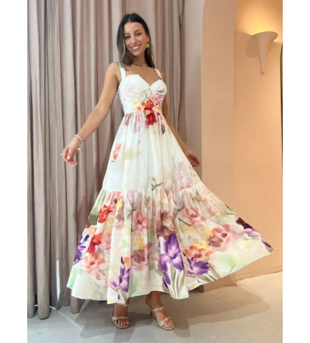 Leo Lin Rose Bustier Midi Dress Cascade Print Size AU 10 for rent on The Volte - main image