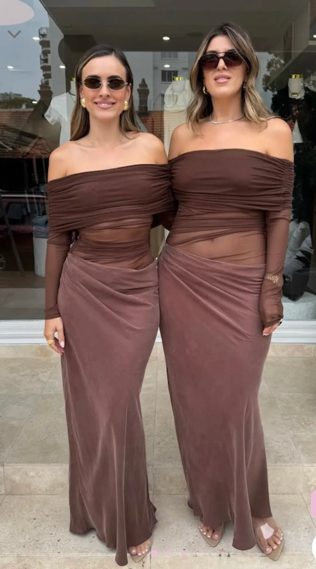 Benni - Yasmin off shoulder Maxi Dress in Chocolate - Size 10 for rent on The Volte - main image