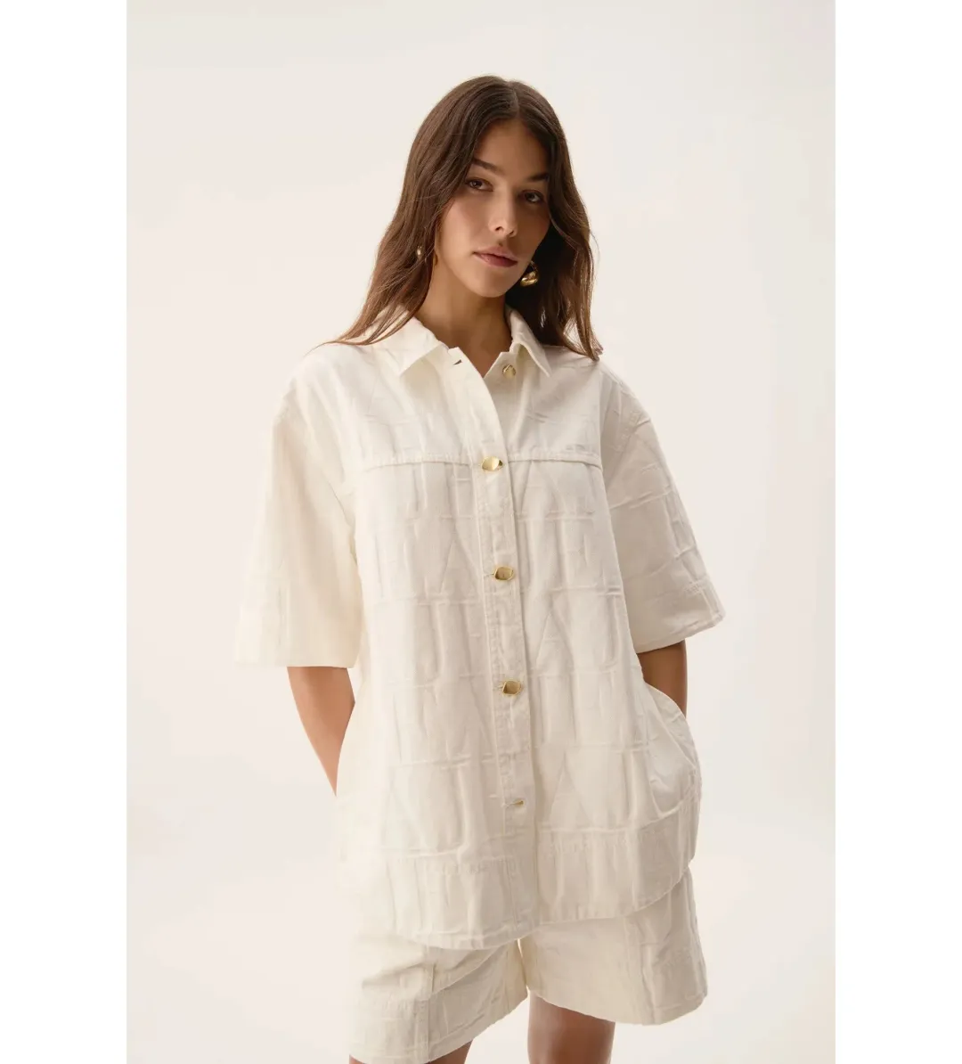 Aje Helm Denim Shirt Ivory Logo Wash Size AU 8 for rent on The Volte - main image