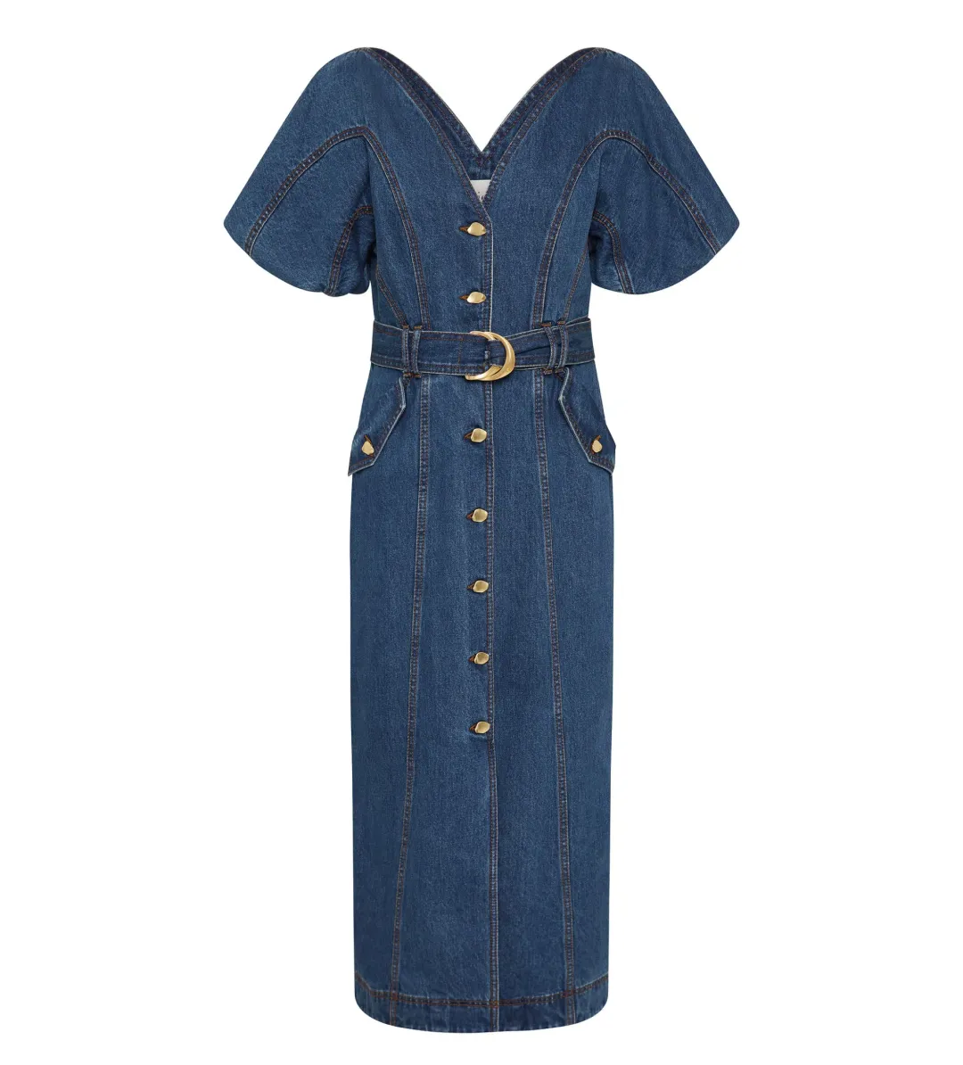 Aje Harper Denim Midi Dress Classic Wash Size AU 8 for rent on The Volte - main image