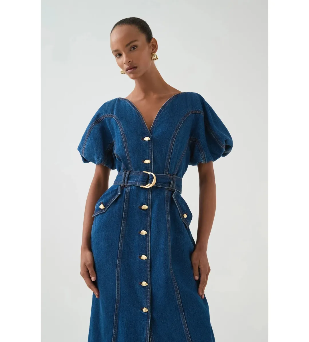 Aje Harper Denim Midi Dress Classic Wash Size AU 8 for rent on The Volte - main image