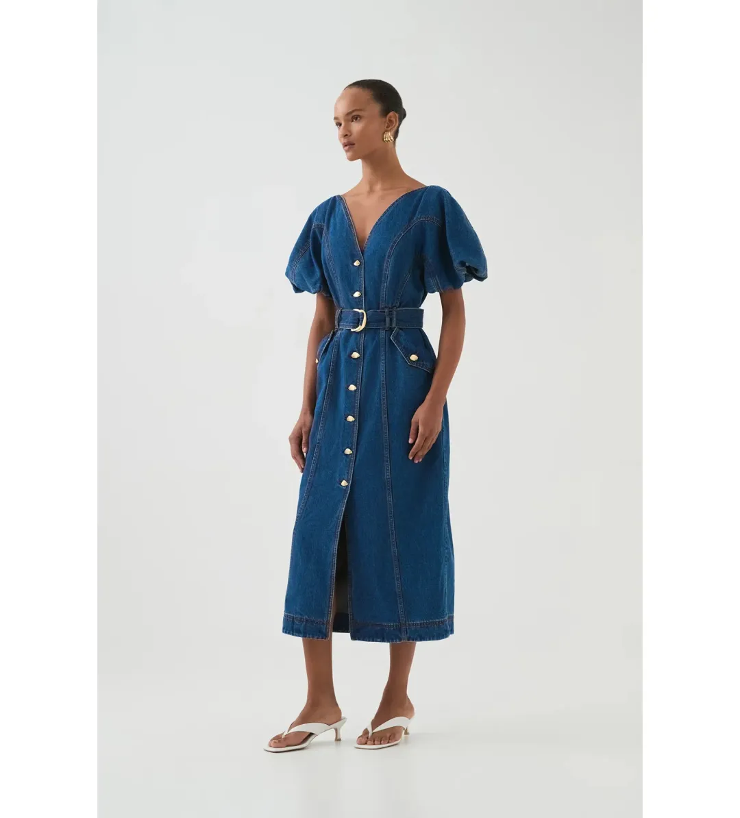 Aje Harper Denim Midi Dress Classic Wash Size AU 8 for rent on The Volte - main image