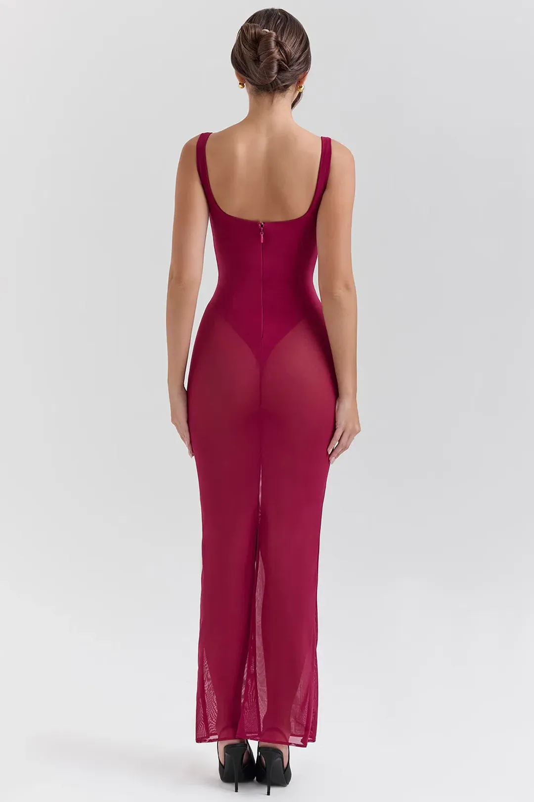 House of CB ROBINA Wine Stretch Mesh Maxi Dress in Burgundy  size AU 6 for rent on The Volte - main image
