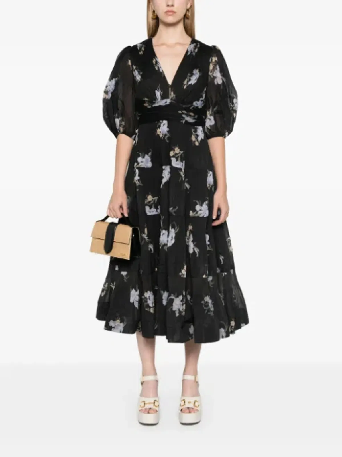Zimmerman Pleated Midi Dress Floral in Black Size 6 for rent on The Volte - main image