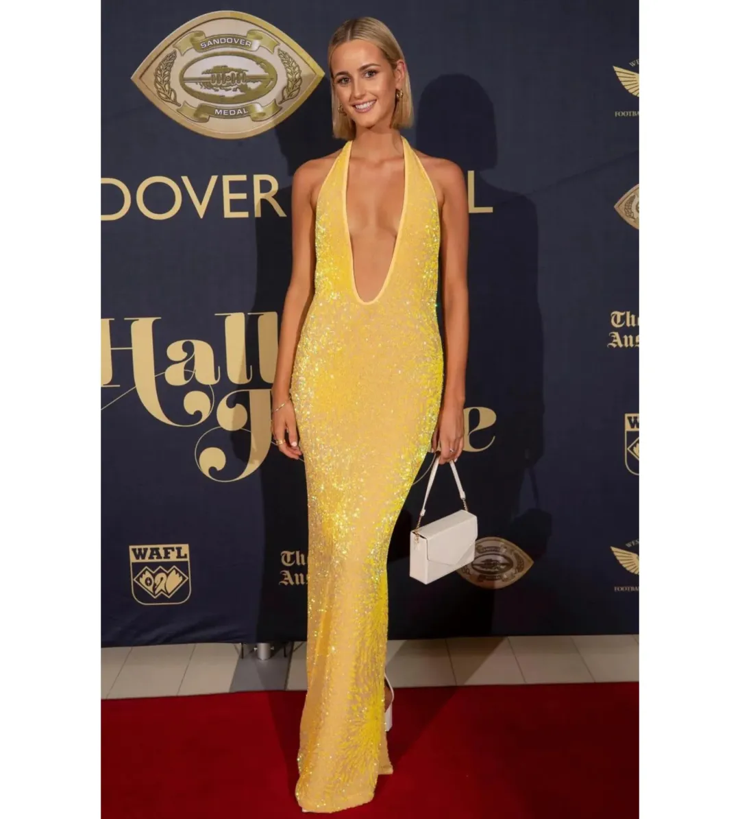 Natalie Rolt Delilah Gown Yellow Sequin Size 0/AU 6 for rent on The Volte - main image