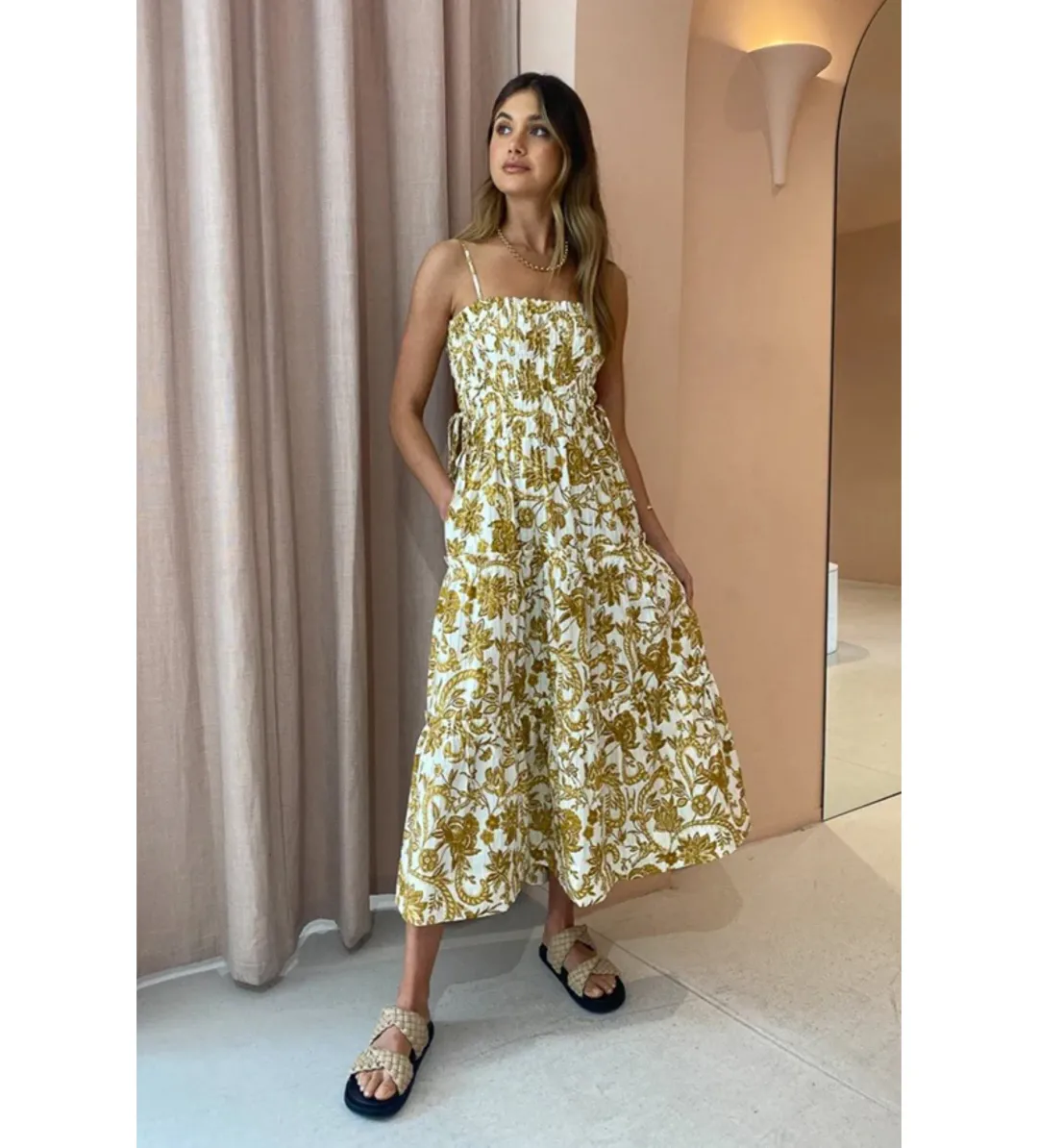 Shona Joy Saffron Shirred Tiered Midi Dress Size XS/ AU 6 for rent on The Volte - main image