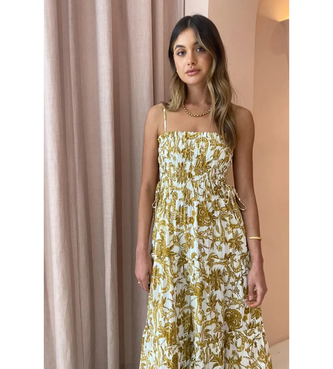 Shona Joy Saffron Shirred Tiered Midi Dress Size XS/ AU 6 for rent on The Volte - main image
