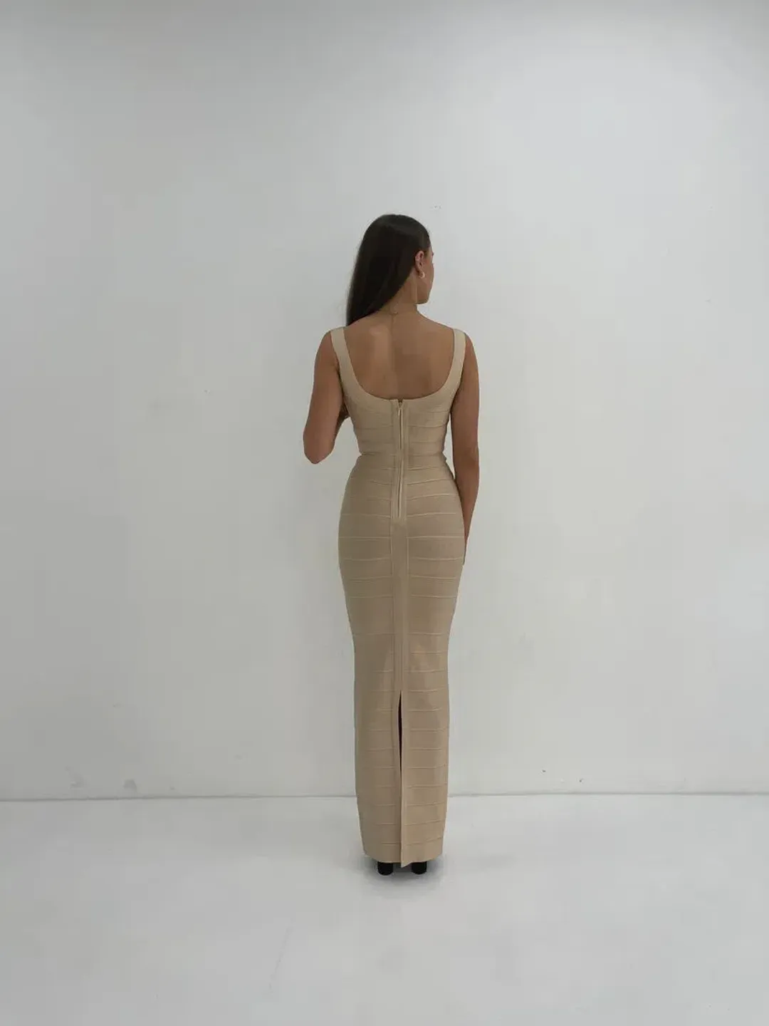 Hervé Léger Round Neck Gown in Beige Size XXS/AU4 for rent on The Volte - main image