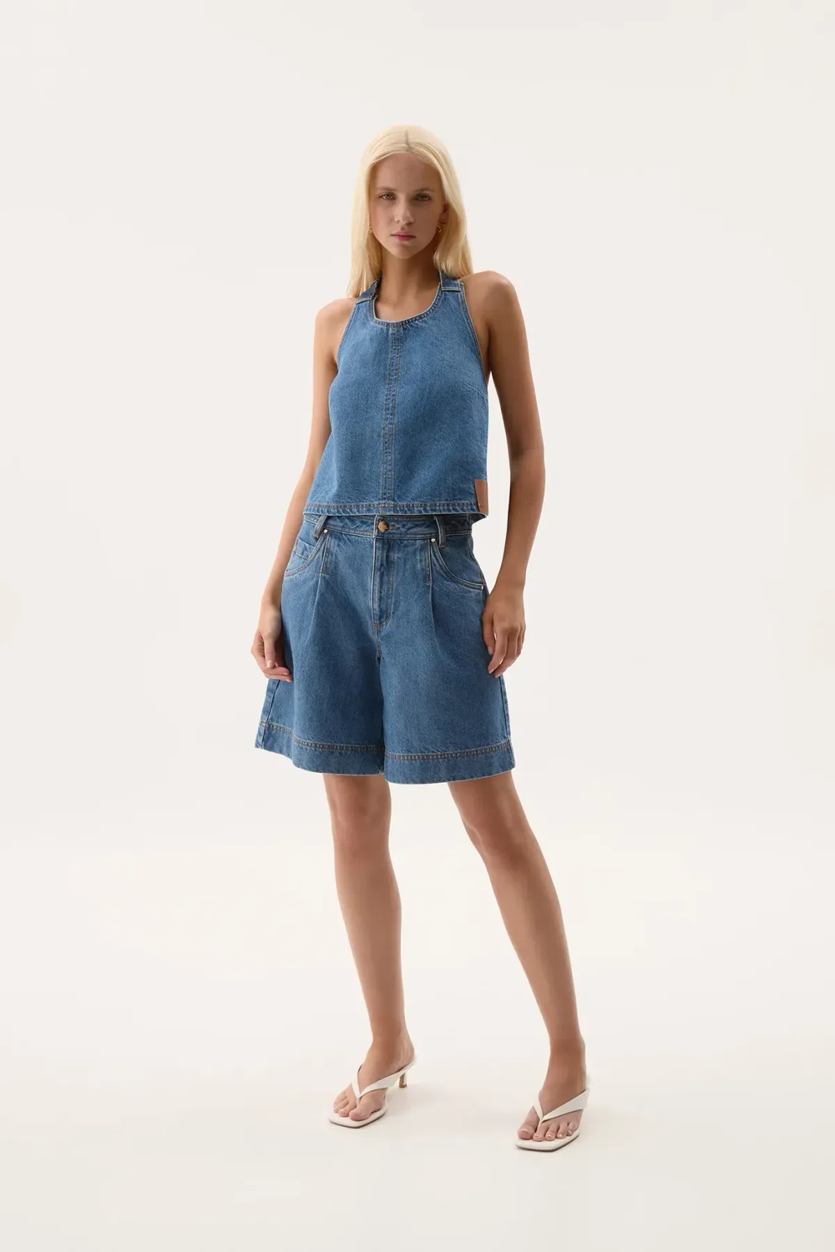 Aje Longline Denim Halter Neck and Short Set Blue Size 6 for rent on The Volte - main image