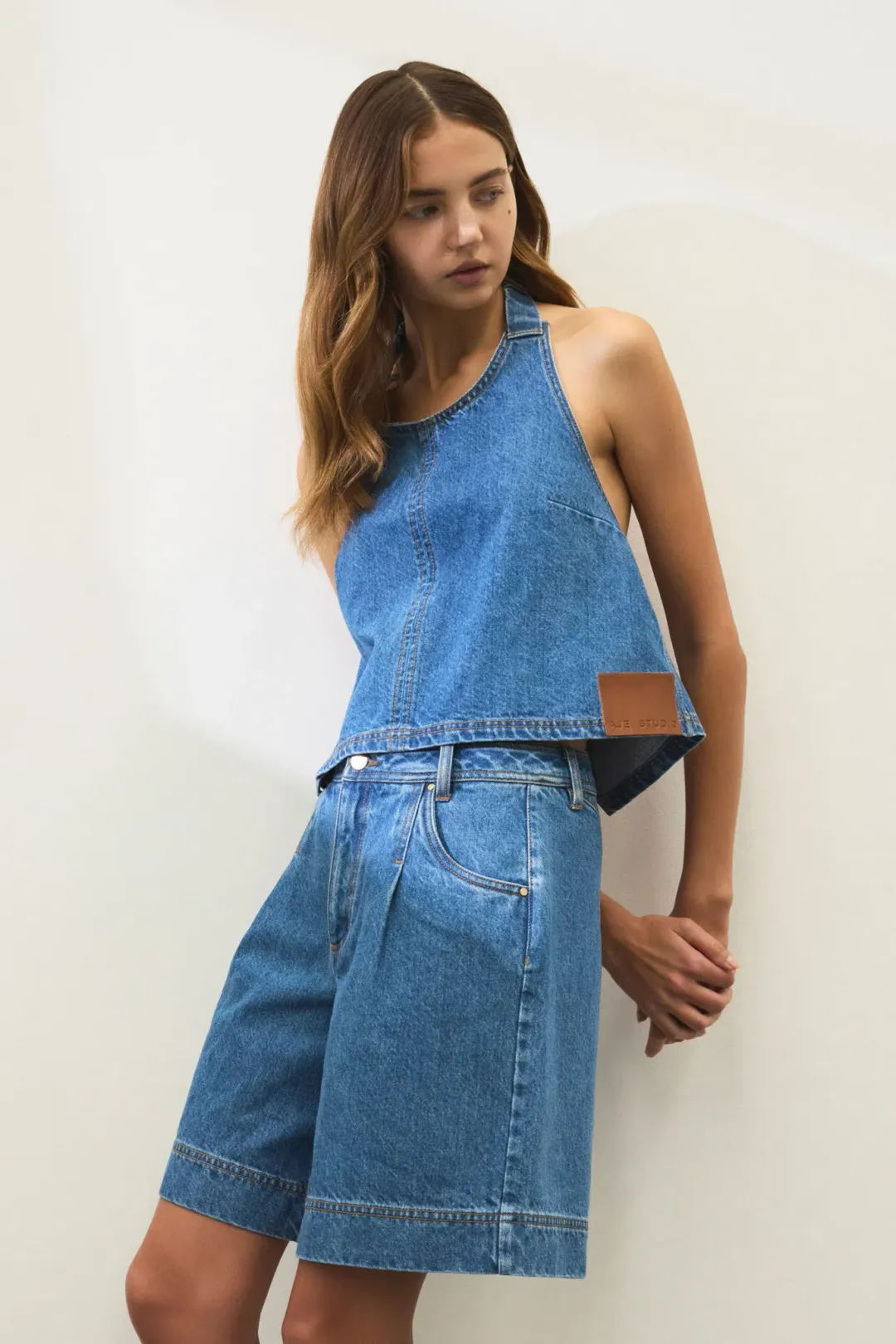 Aje Longline Denim Halter Neck and Short Set Blue Size 6 for rent on The Volte - main image