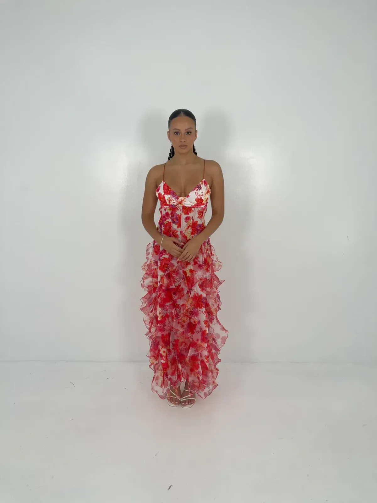 Menti Red Iris Floral Midi Dress Size 8 for rent on The Volte - main image