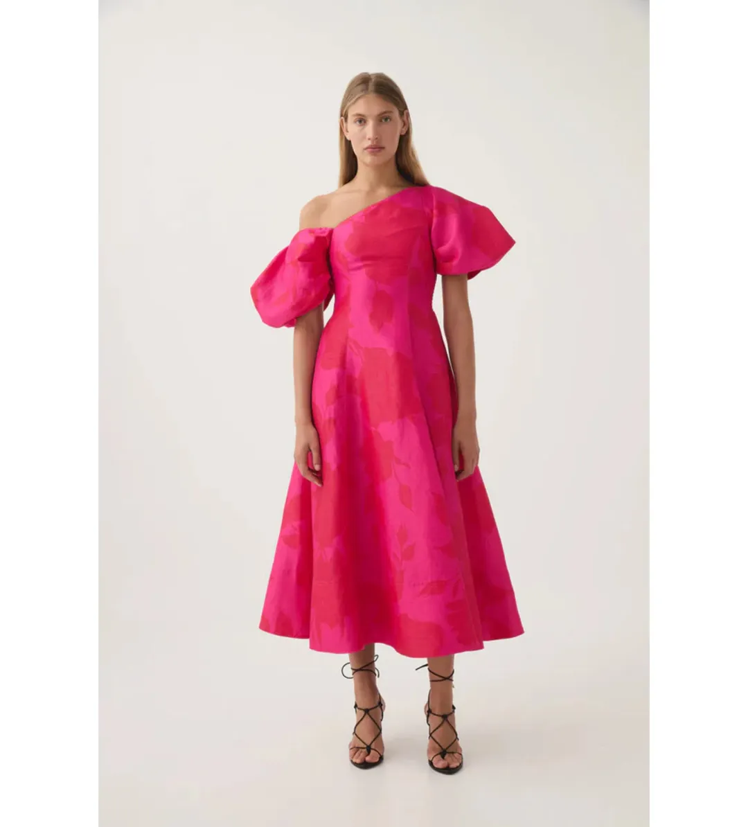Aje Arista Tulip Sleeve Midi Dress in  Florescent Rose Size AU 8 for rent on The Volte - main image