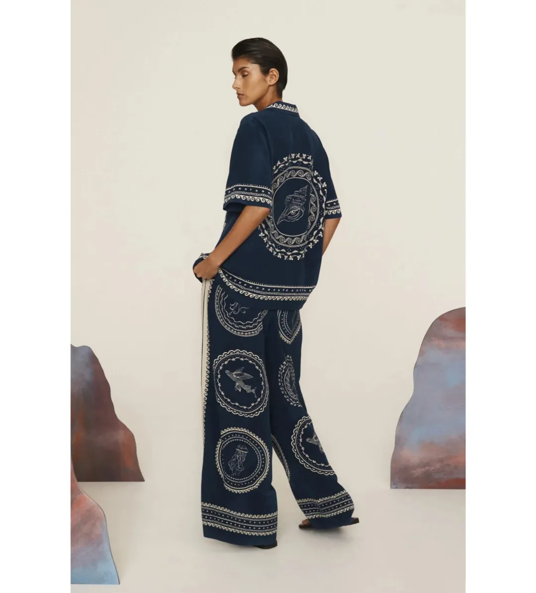 Alemais Oceane Silk Shirt and Pant Set Navy Print Size AU 8 for rent on The Volte - main image