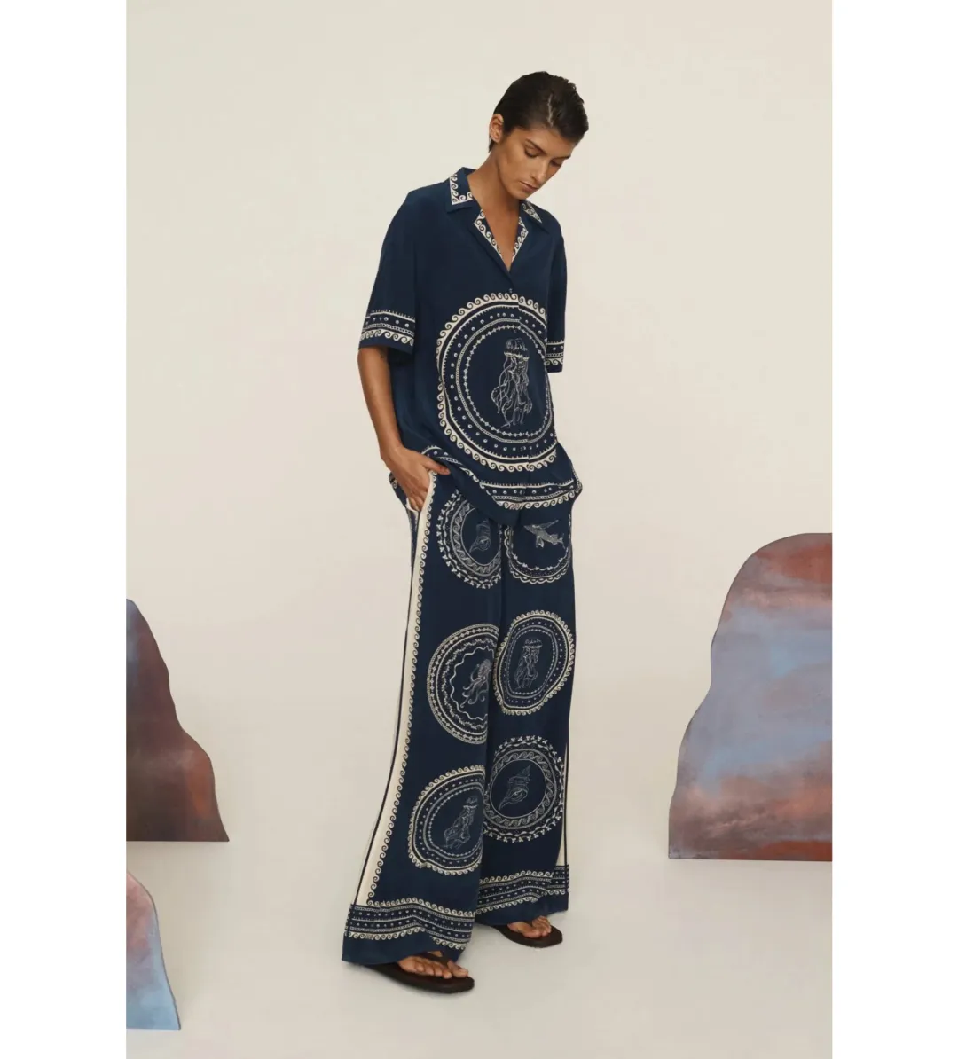 Alemais Oceane Silk Shirt and Pant Set Navy Print Size AU 8 for rent on The Volte - main image